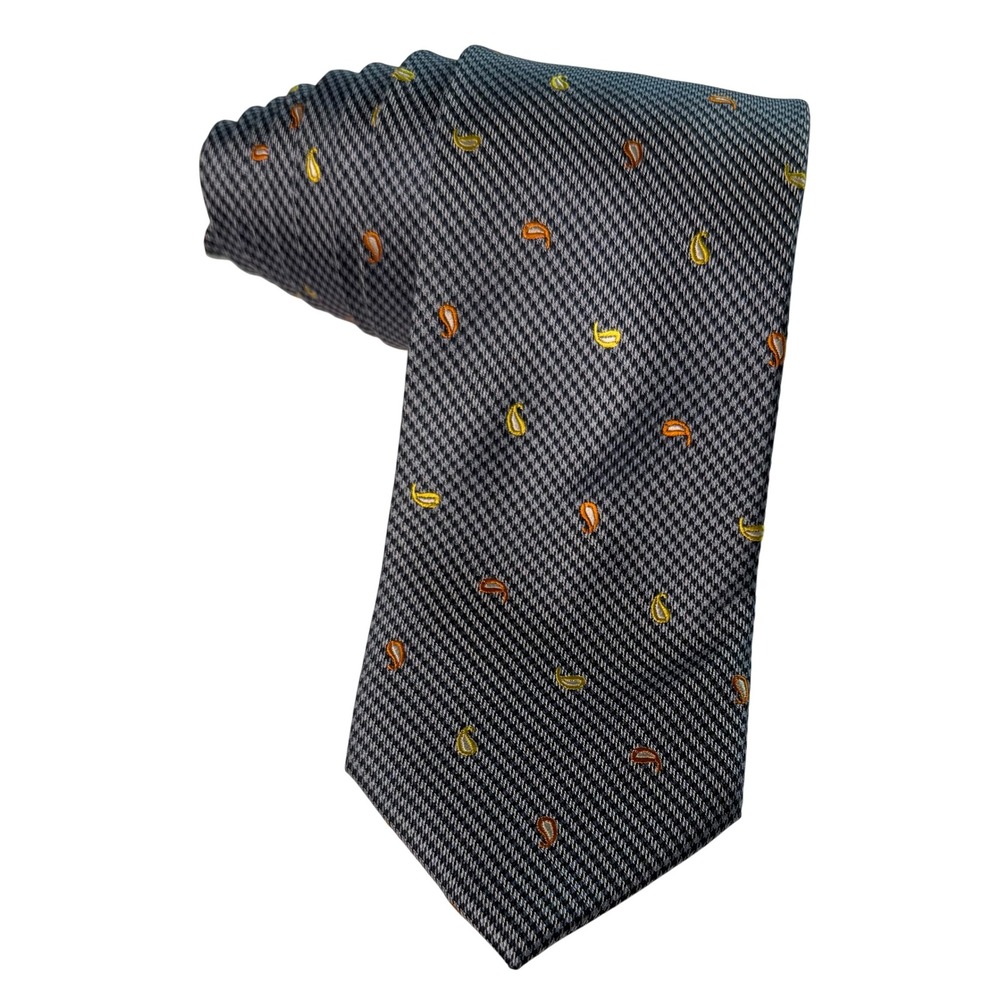 Bruno Marchesi Mens Silk Tie Navy Blue Houndstooth Multi Color Paisley Hand Made